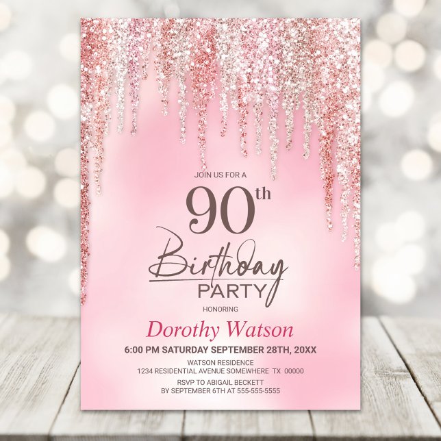 Pink Glitter 90th Birthday Party Invitation (Creator Uploaded)