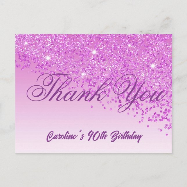 Pink Glitter, 90th Birthday Thank You Postcard (Front)