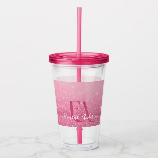 Pink Glitter Acrylic Tumbler with Name & Initials (Front)