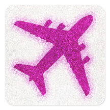Pink glitter aeroplane round sticker labels