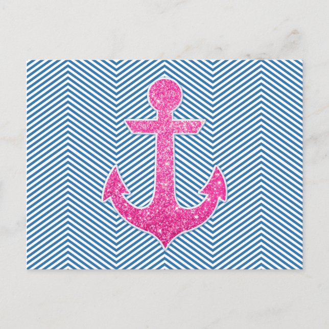 Pink glitter anchor blue chevron postcard (Front)