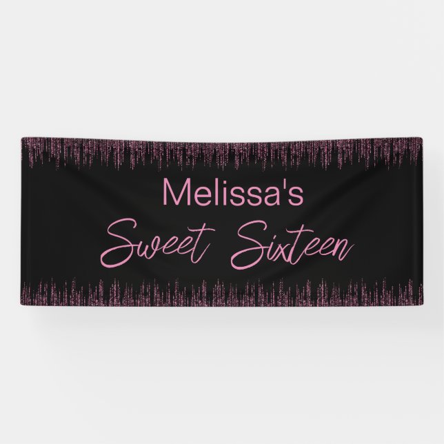Pink Glitter and Black Sweet 16 Birthday Banner (Horizontal)