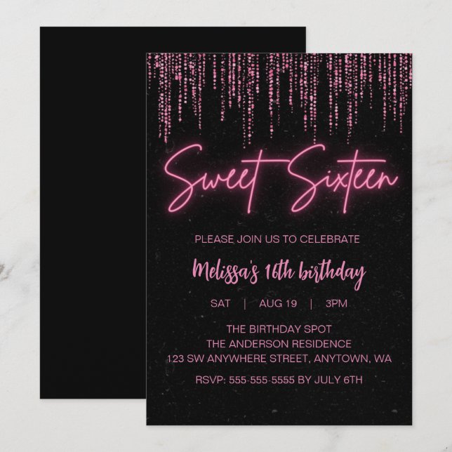 Pink Glitter and Black Sweet 16 Birthday Invitation (Front/Back)