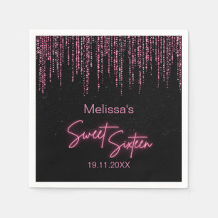 Pink Glitter and Black Sweet 16 Birthday Napkin