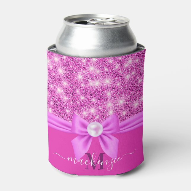 Pink Glitter and Bow Can Cooler (Can Front)