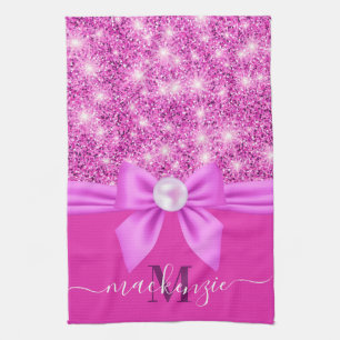 Pink Glitter and Bow Tea Towel