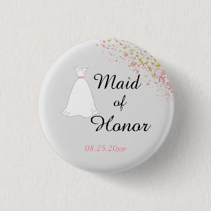 Pink Glitter and Grey Maid of Honour 3 Cm Round Badge