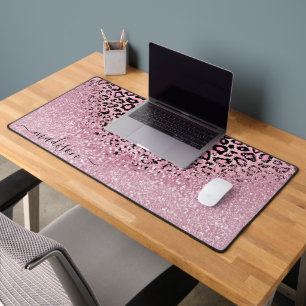 Pink Glitter and Leopard Pattern - Personalise Desk Mat