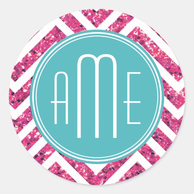 Pink Glitter and Mint Custom Monogram Classic Round Sticker (Front)