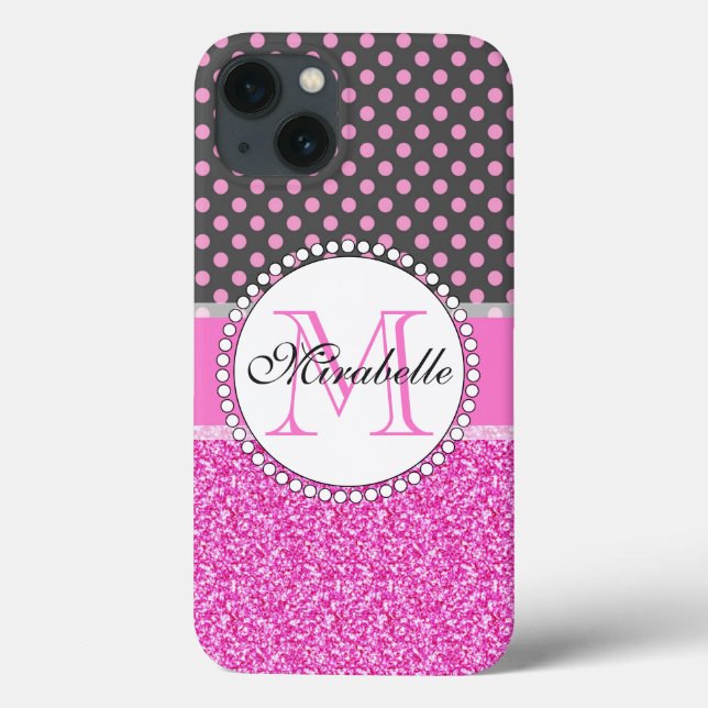 Pink Glitter and Pink Polka Dots on grey Named Case-Mate iPhone Case (Back)