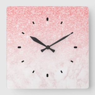 Pink glitter and rose-gold marble ombre square wall clock