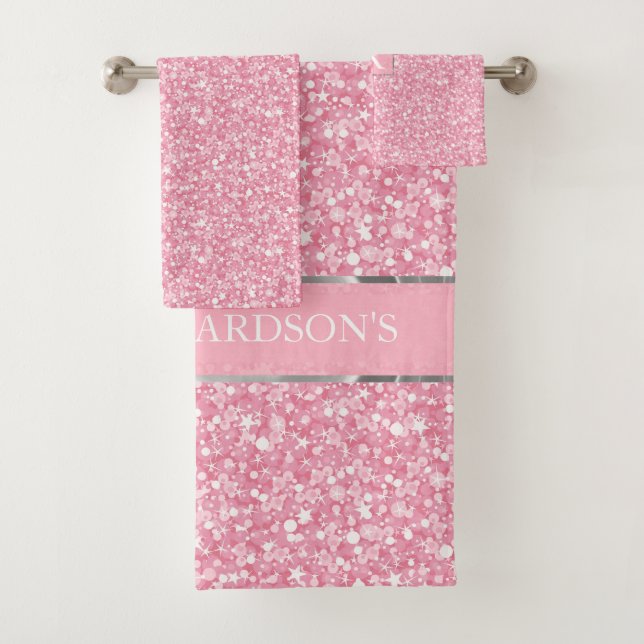 Pink Glitter And Silver Lines Bath Towel Set (Insitu)