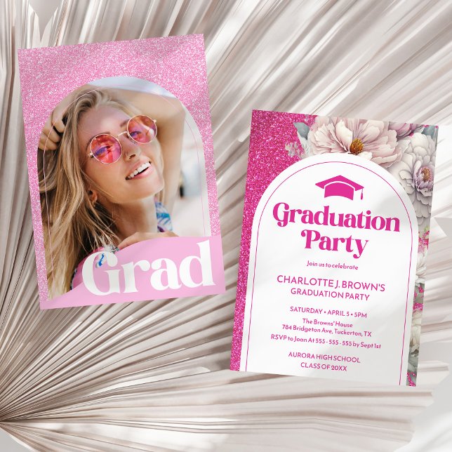 Pink Glitter Arch Photo Chic Graduation Party Invitation (Creator Uploaded)