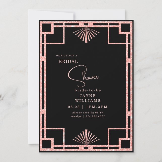 Pink Glitter Art Deco Frame Black Bridal Shower Invitation (Front)