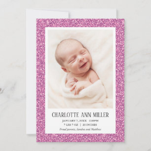 Pink Glitter Baby Birth Announcement Card