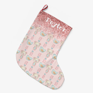 Pink Glitter Baby Girl Name Sparkles Modern Large Christmas Stocking