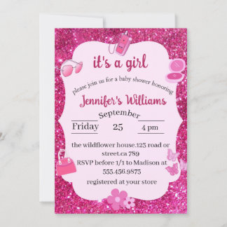 Pink Glitter baby girl shower Invitation
