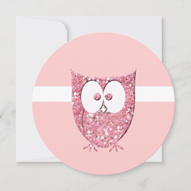 Pink Glitter Baby Owl Round Shower Invitation (Front)