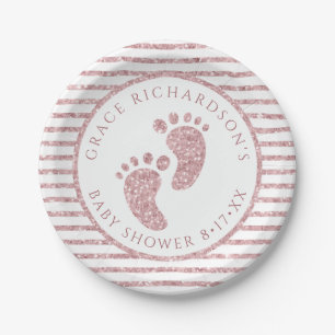 Pink Glitter Baby Shower Footprint Party Paper Plate
