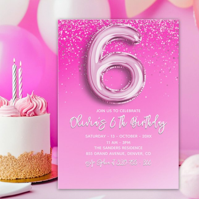 Pink Glitter Ballon Numer - 6th Birthday for Girls Invitation (Creator Uploaded)