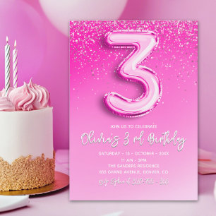 Pink Glitter Balloon 3rd Birthday for Girls Invitation