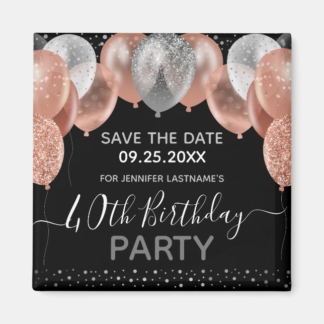 Pink Glitter Balloons 40th Birthday Save the Date Magnet (Front)