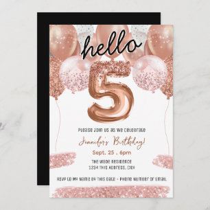 Pink Glitter Balloons 5th Birthday Party Invitation