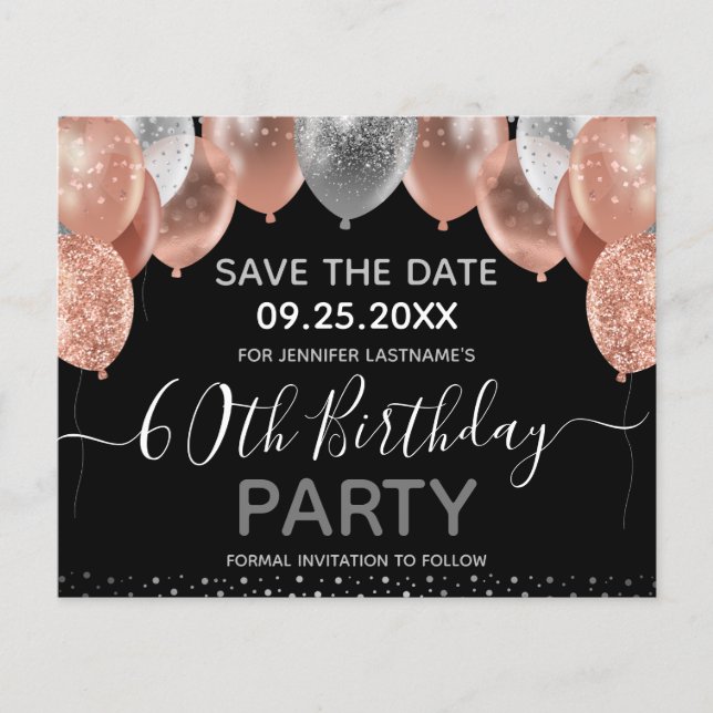 Pink Glitter Balloons 60th Birthday Save the Date (Front)