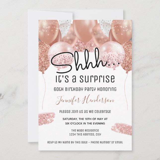 Pink Glitter Balloons 60th Surprise Birthday Party Invitation (Front)
