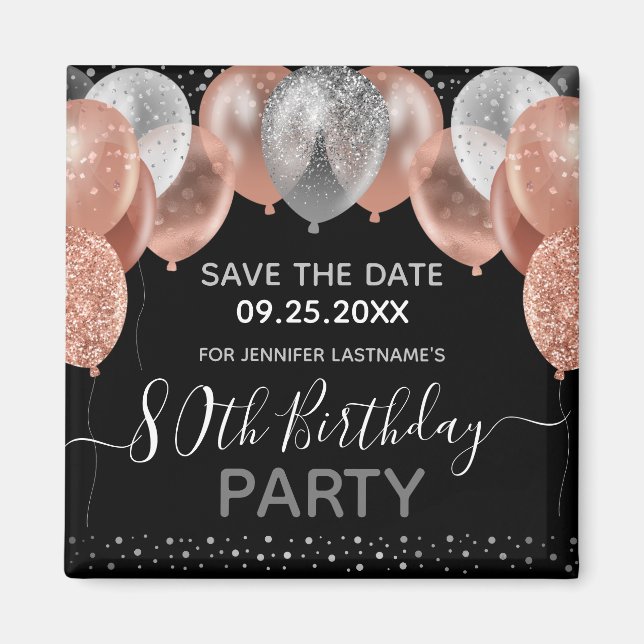 Pink Glitter Balloons 80th Birthday Save the Date Magnet (Front)