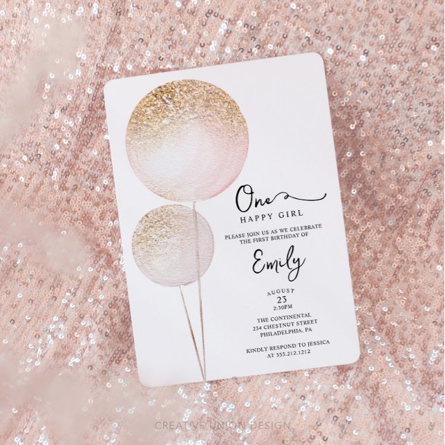 Pink Glitter Balloons Girl First Birthday Party Invitation (Minimal First Birthday)