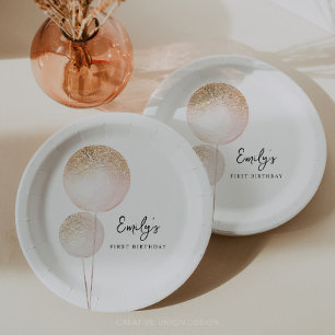 Pink Glitter Balloons Girl First Birthday Party Paper Plate