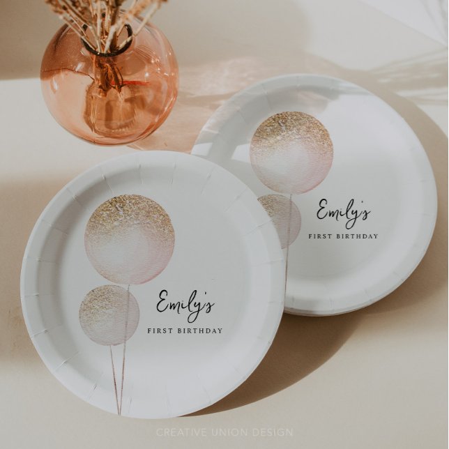 Pink Glitter Balloons Girl First Birthday Party Paper Plate (Minimal First Birthday)