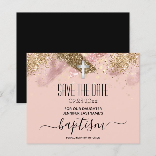 Pink Glitter Baptism Save the Date Budget (Front/Back)