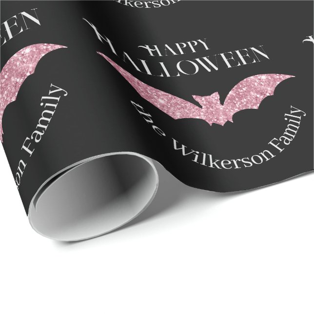 Pink Glitter Bat Happy Halloween Wrapping Paper (Roll Corner)