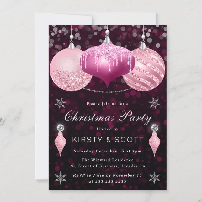 Pink Glitter Baubles Christmas Dinner Party Invitation (Front)