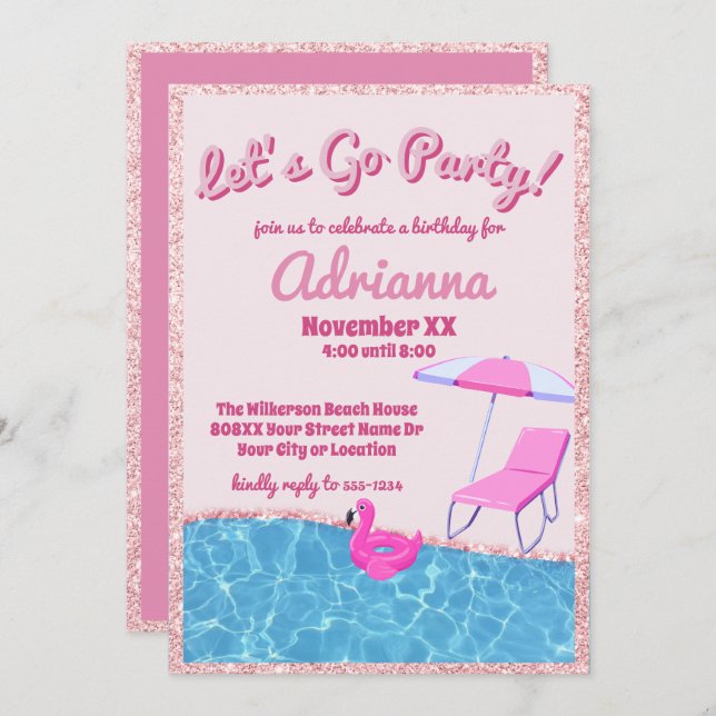 Pink Glitter Beach Party Invitation (Front/Back)