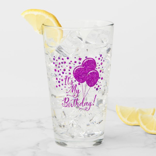 Pink Glitter Birthday Balloons! Glass (Front Ice)