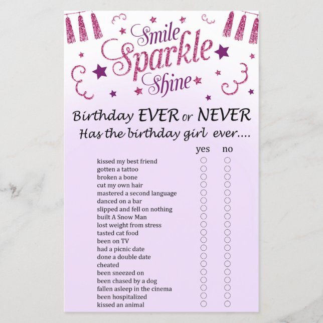 Pink glitter Birthday Ever or Never Game (Front)