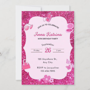 Pink Glitter Birthday Invitation Girls Party