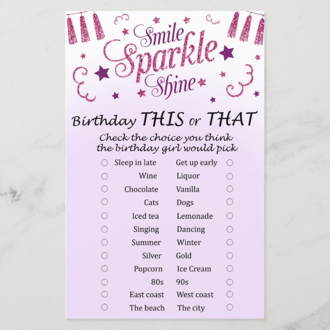 Pink glitter Birthday This or That Game (Front)