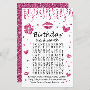 Pink glitter Birthday Word Search Game