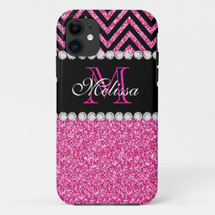 Pink Glitter Black Chevron Monogram iPhone 11 Case