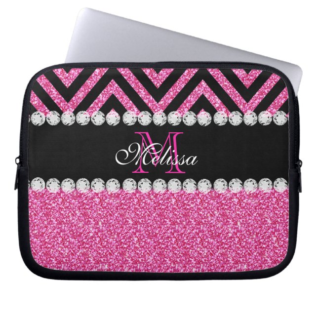 Pink Glitter Black Chevron Monogram Laptop Sleeve (Front)