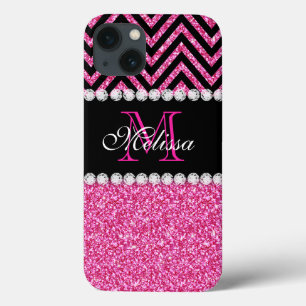 Pink Glitter Black Chevron MonogramMED iPhone 13 Case
