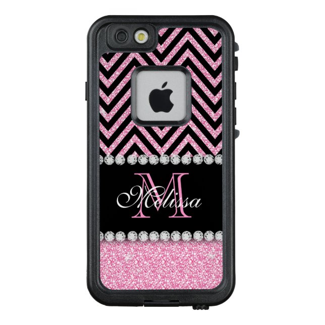 Pink Glitter Black Chevron Monogrammed LifeProof iPhone Case (Back)