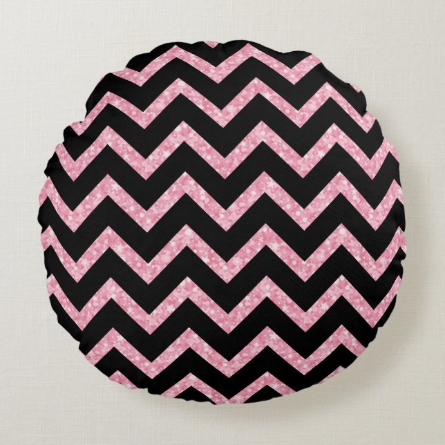 Pink Glitter Black Chevron Zigzag Pattern Round Cushion (Front)