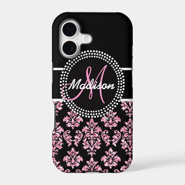PINK GLITTER BLACK DAMASK YOUR MONOGRAM (Back)