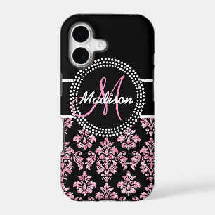 PINK GLITTER BLACK DAMASK YOUR MONOGRAM