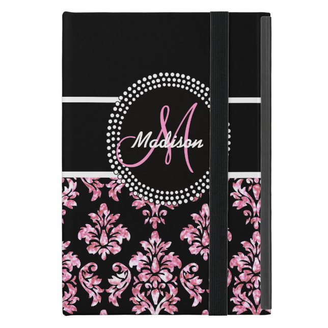 PINK GLITTER BLACK DAMASK YOUR MONOGRAM COVER FOR iPad MINI (Front Closed)